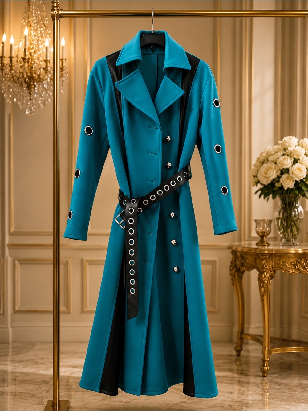 Teal Long Trench Coat with Grommet Belt